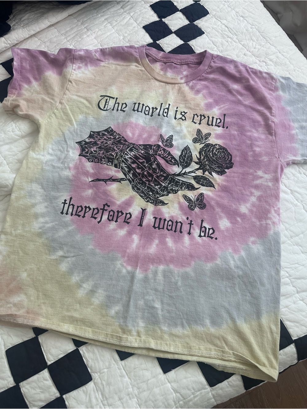 Tie-Dye Graphic Tee in Purple, Cream, and Gray, Brand while Odin sleeps